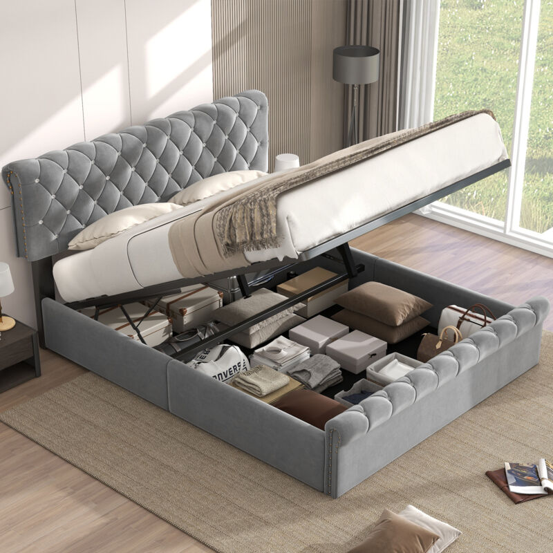 Okwish - Lit coffre 140x190 cm lit hydraulique avec boucle en cristal et tête de lit réglable en hauteur, en velours, gris, sans matelas