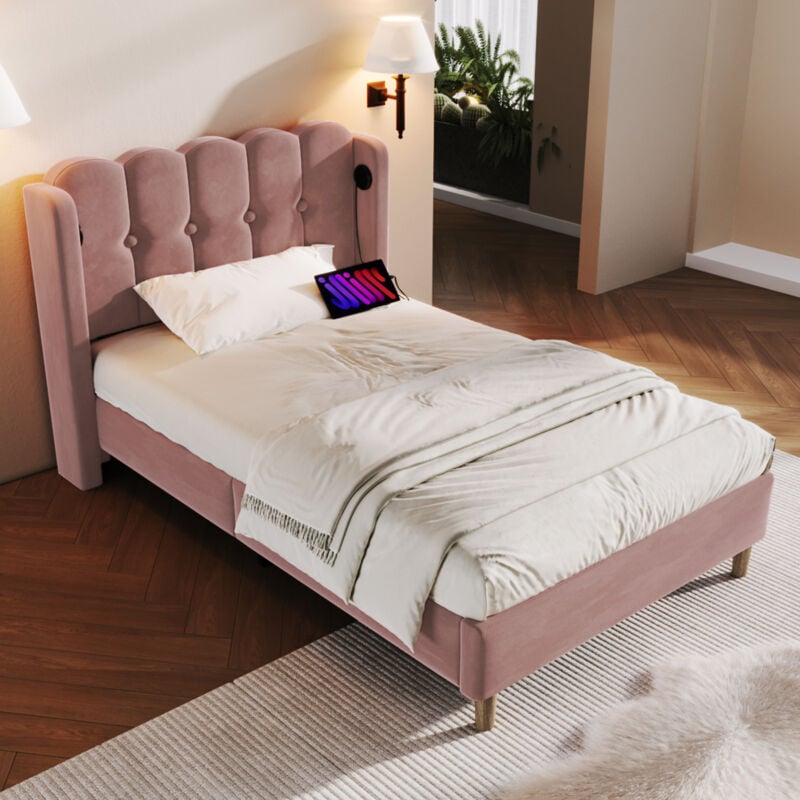 Redom - Lit rembourré simple, avec usb Type c, sommier à lattes, 90 x 200 cm, en velours, rose