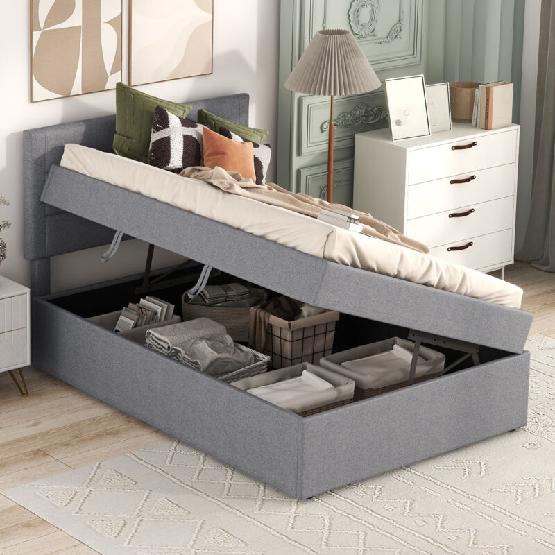 Okwish - Lit coffre 90x200 cm, lit simple rembourré, lit enfant avec sommier à lattes métallique et espace de rangement, en lin gris, sans matelas