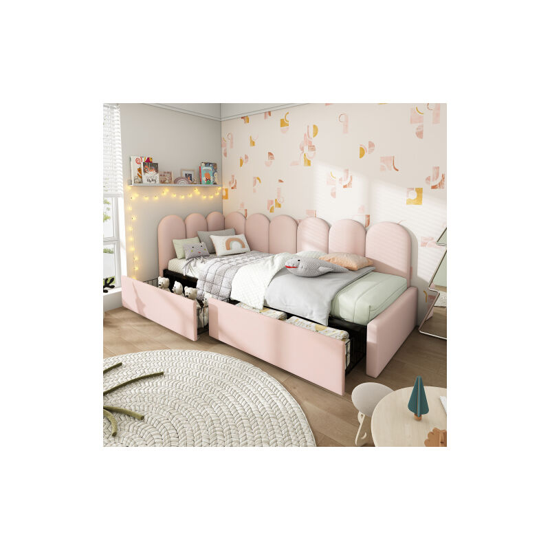 Lit rembourré Lit simple avec tiroirs Lit de rangement en velours Daybett Lit de jour Canapé-lit 90x190cm avec sommier à lattes Lit pour adolescents