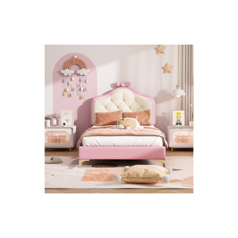 Lit rembourré, lit simple, forme ondulée avec point de traction à la tête du lit, Arc rose, avec bandes LED alternées multicolores, lit bébé avec