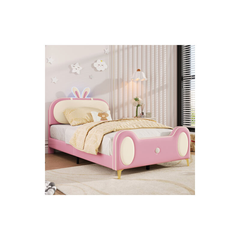 Lit rembourré, lit simple, lit bébé, lit bébé avec lattes de bois, bande lumineuse LED avec cadre en bois massif et tube de fer,90x200cm