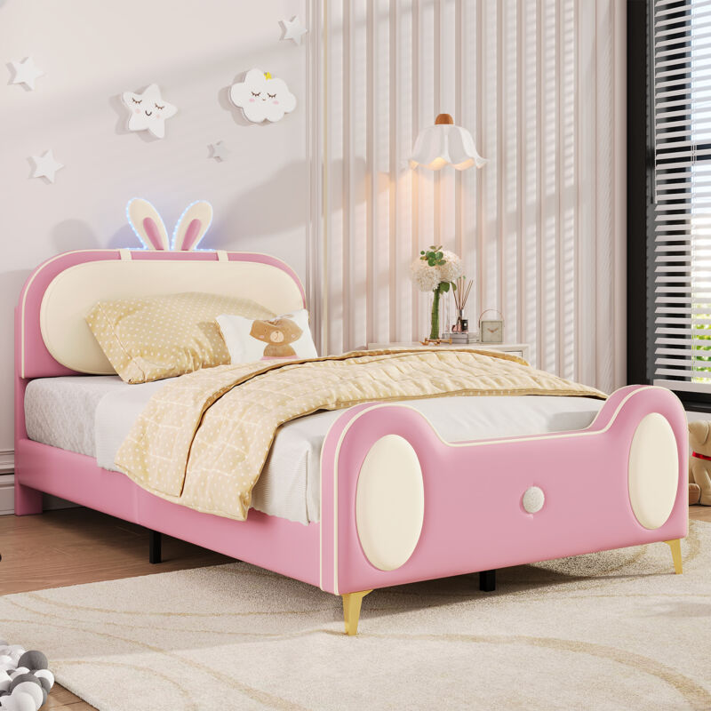 Lit rembourré, lit simple, lit enfant, tête de lit lapin, lit enfant avec lattes en bois, bandes led, avec cadre en bois massif et tube de fer, mdf +