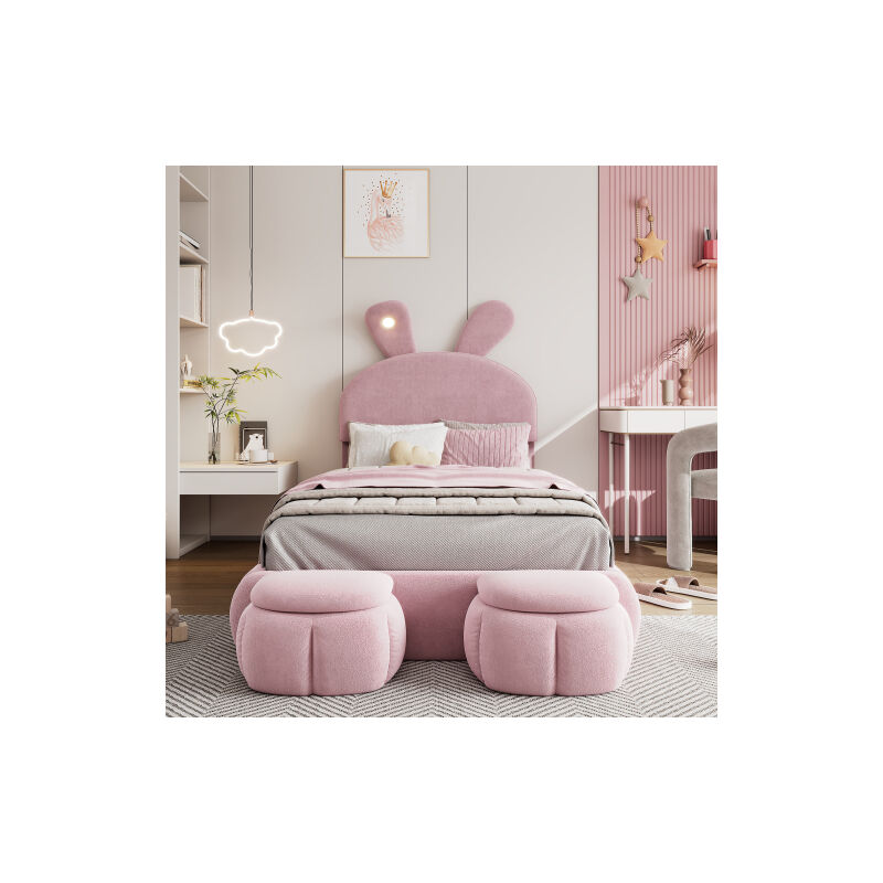 Lit rembourré, lit simple, oreilles de lapin, lampe à rayures chaudes avec luminosité réglable, avec deux tabourets de rangement, lit bébé avec