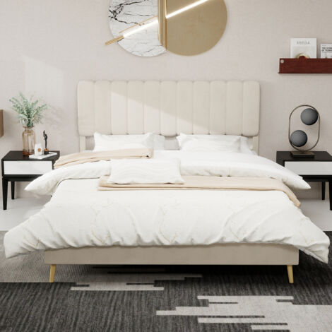 Lit rembourré minimaliste 160x200 cm beige tête de lit douce sans coffre sans matelas