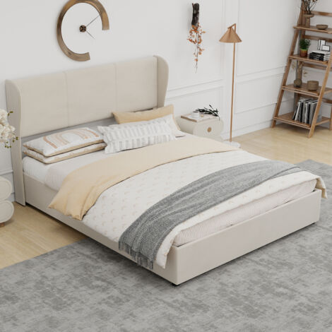 Lit rembourré moderne et minimaliste, 160x200 cm, beige, meuble de chambre multifonctionnel avec tête de lit douce et confortable, sommier coffre haut avec mécanisme de levage à gaz, matelas non inclu