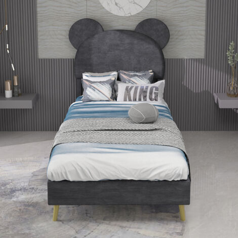 Lit rembourré moderne et minimaliste avec tête de lit douce à motif de dessin animé, 90 x 200 cm, gris, meuble de chambre multifonctionnel, sommier bas sans rangement (sans vérin à gaz), matelas non i