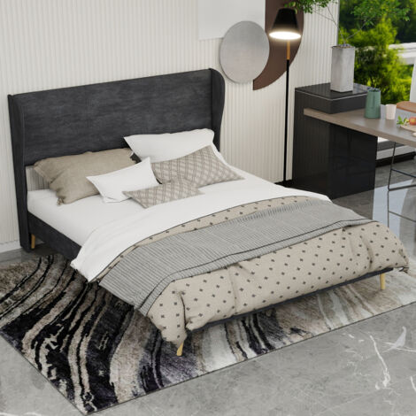 Lit rembourré moderne et minimaliste avec tête de lit souple, 160 x 200 cm, gris, meuble de chambre multifonctionnel, sommier bas (sans rangement), matelas non inclus.