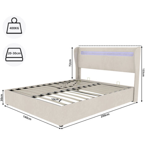 Lit rembourré moderne et minimaliste avec tête de lit souple à LED intégrée, 140 x 200 cm, beige, meuble de chambre multifonctionnel, sommier coffre haut avec système de levage à gaz, matelas non incl