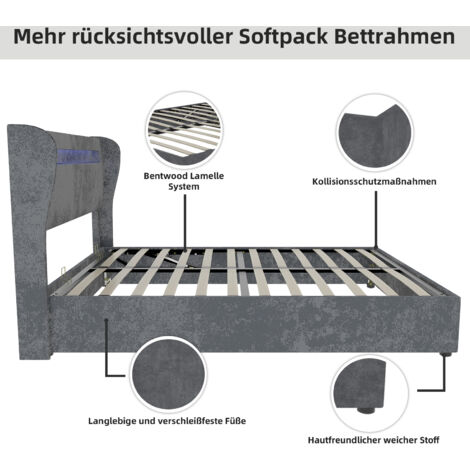 Lit rembourré moderne et minimaliste avec tête de lit souple intégrant un éclairage LED, 140 x 200 cm, gris, meuble de chambre multifonctionnel, sommier coffre haut avec mécanisme de levage à gaz, mat