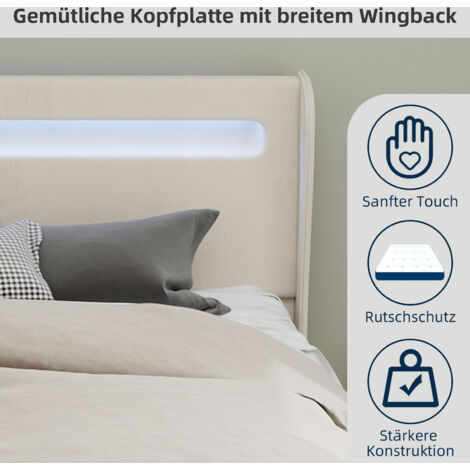 Lit rembourré moderne et minimaliste avec tête de lit souple intégrant un éclairage LED, 160 x 200 cm, beige, meuble de chambre multifonctionnel, sommier coffre haut avec mécanisme de levage à gaz, ma