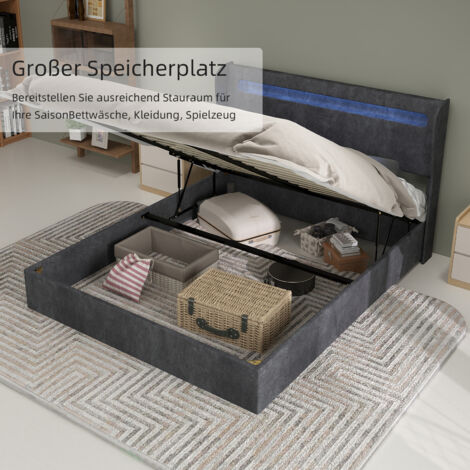Lit rembourré moderne et minimaliste avec tête de lit souple intégrant un éclairage LED, 160 x 200 cm, gris, meuble de chambre multifonctionnel, sommier coffre haut avec mécanisme de levage à gaz, mat