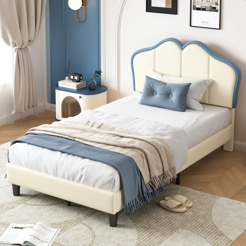 Lit rembourré pour enfants avec bords protecteurs souples, pieds robustes, profil élégant de la tête de lit rembourrée, pu, blanc + bleu, 90x200 cm