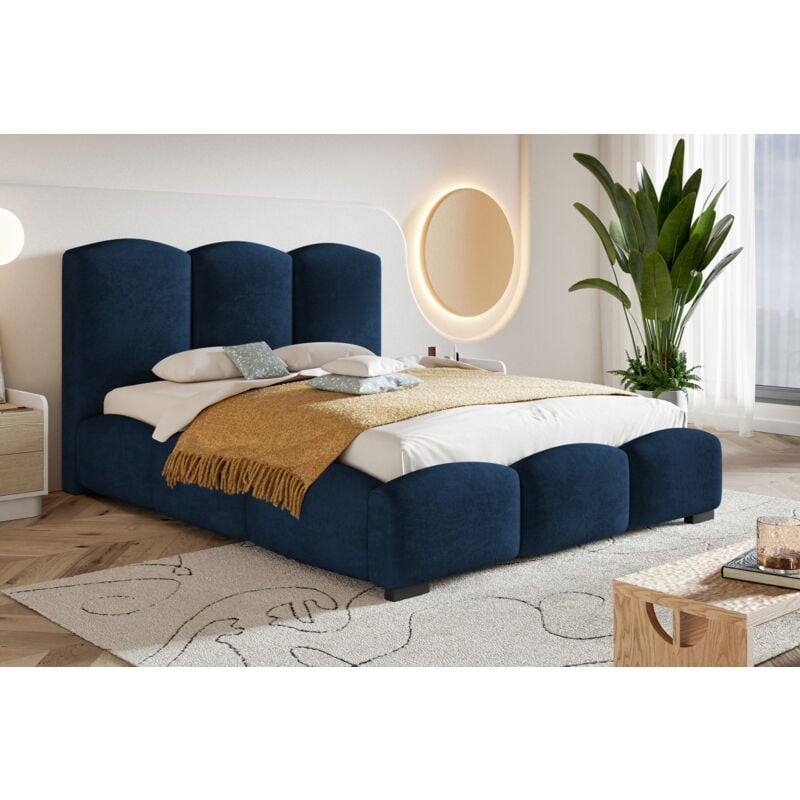 Lit rembourré 160x200 cm Roma - Lit Double avec Tissu Velours, Tiroir de Lit & Sommier - Lit de Chambre (Bleu - Kronos 09)