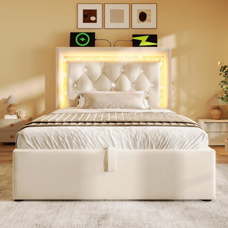 Lit rembourré, tête de lit avec bande diamantée LED, station de recharge USB et Type-C, velours, beige (sans matelas) - 90x200 cm