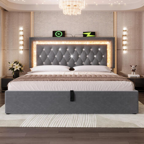 Lit rembourré, tête de lit avec bande diamantée LED, station de recharge USB et Type-C, velours, gris (sans matelas) - 140x200 cm