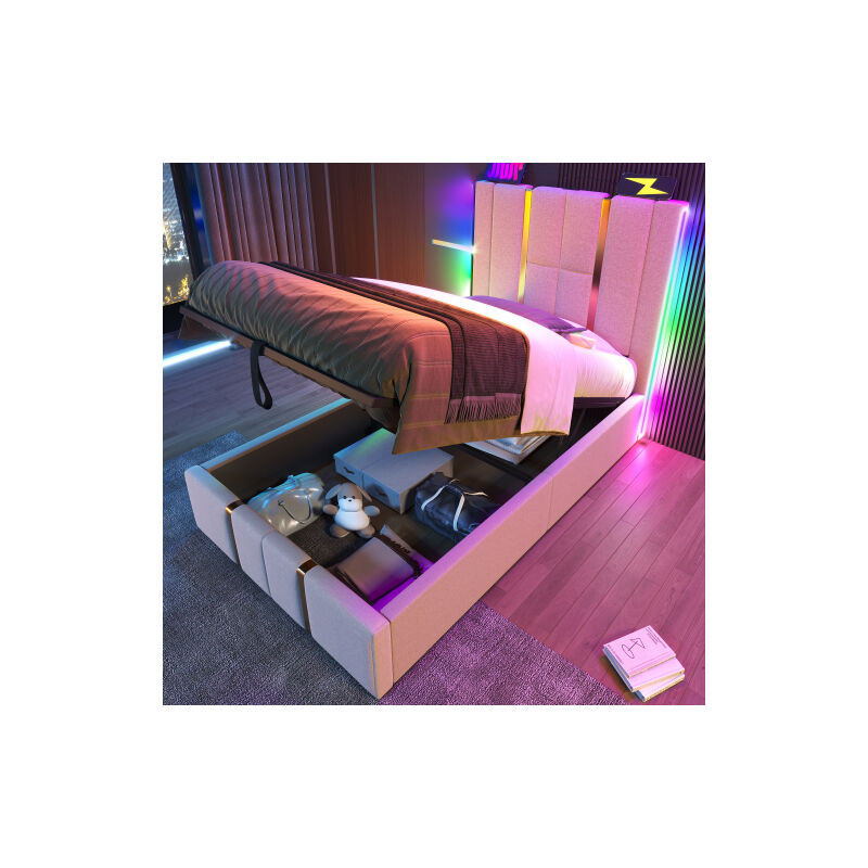 Lit rembourré USB Type C Fonction de charge APP-Control LED Lit simple 90×200 Lits de rangement Cadre de lit, sommier à lattes en bois,Beige Matériau