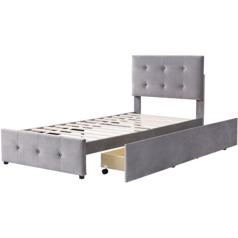 Lit rembourré velours gris 90x200 cm avec sommier à lattes, tête de lit réglable et tiroir de rangement