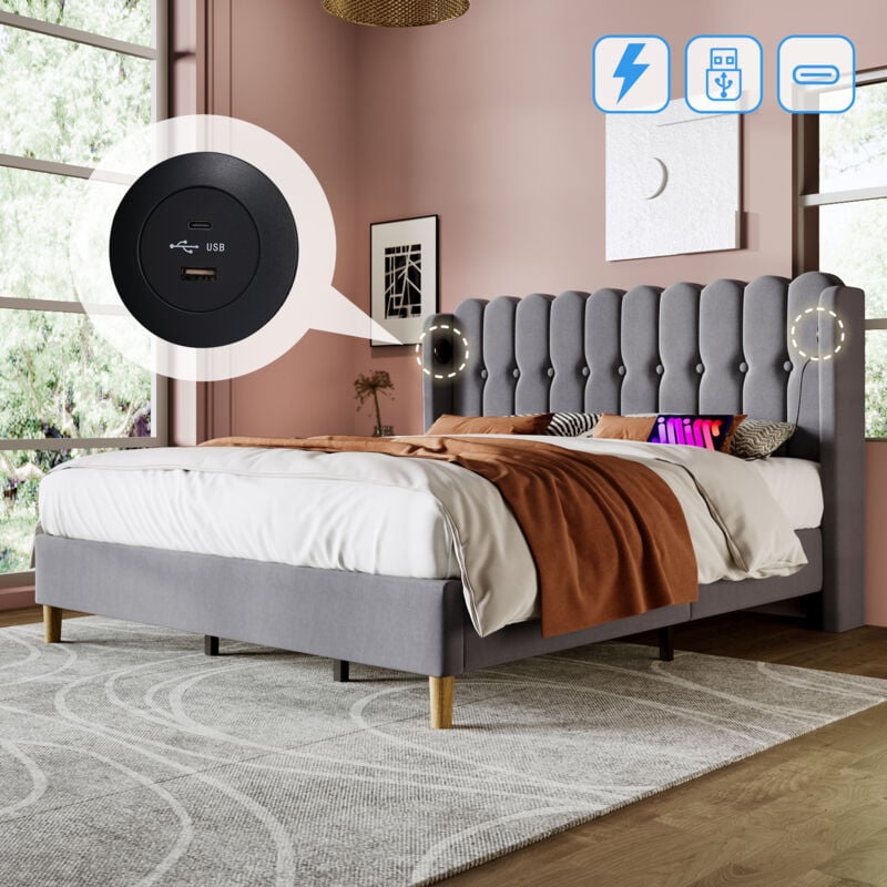 Lit adulte rembourré,avec chargement usb Type-C, lit enfant, 180 x 200 cm, lit double, lin, gris, sans matelas