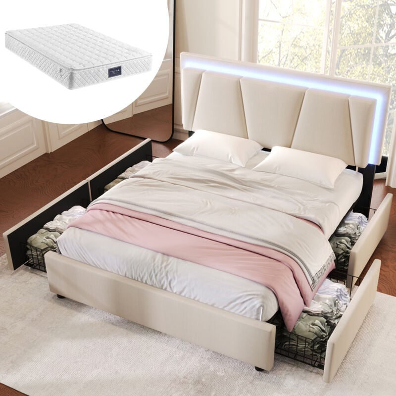 Redom - Lit adulte rembourré avec éclairage led et 4 tiroirs, lit double 140x200cm, sommier à lattes en bois, Beige (avec matelas)