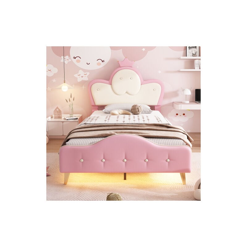 Lit rembourré,lit bébé avec bord de protection souple,bande LED monochrome,tête de lit avec couronne,pieds de lit en métal,Rose + blanc
