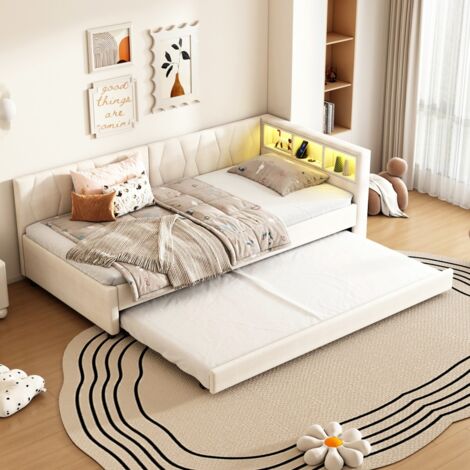 Lit Repos 90x200cm Canapé-lit avec Rangement, Lit Simple ,USB/Type-C, LED, Lit Gigogne, Sommier - Lin Béige (sans matelas)