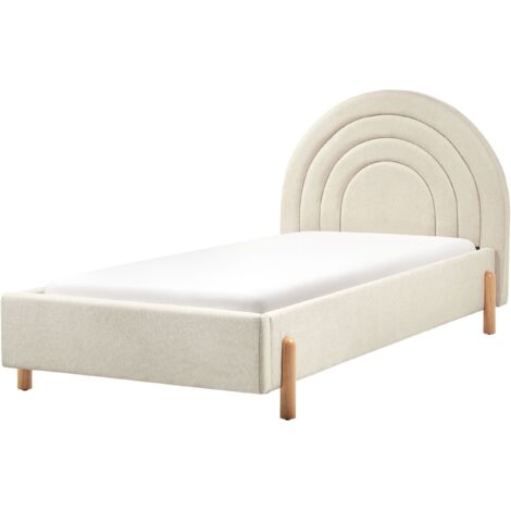 Lit Rétro Simple Base à Lattes et Pieds en Bois avec Tête de Lit Ronde Tapissée 90 x 200 cm Tissu Beige Anet