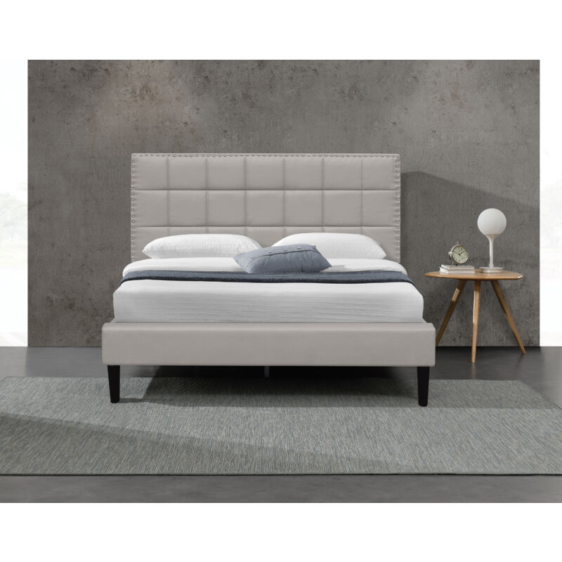 Lit riley pour matelas 140x190 - Sommier + Tête de Lit Capitonnee Couleur GRIS + Pieds en 16 cm pour matelas - 2 x 13 Lattes - revetement PVC Simili