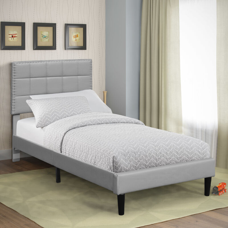 Lit riley pour matelas 90x190 - Sommier + Tête de Lit Capitonnee Couleur gris + Pieds en 16 cm pour matelas - 13 Lattes - revetement pvc Simili