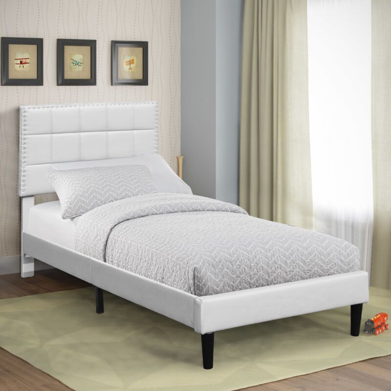 Lit riley pour matelas 90x200 - Sommier + Tête de Lit Capitonnee Couleur blanc + Pieds en 16 cm pour matelas - 13 Lattes - revetement pvc Simili