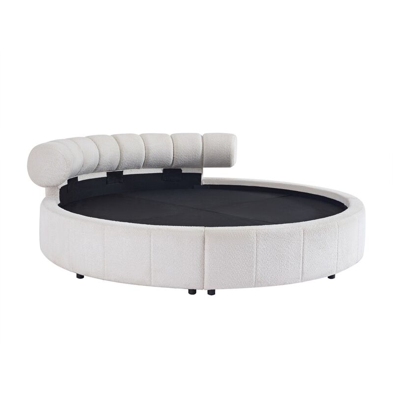 Vente-Unique – Lit rond 220 x 220 cm – Tissu bouclette blanc – MDF et contreplaqué – Sommier plein – Charge maximale 250 kg