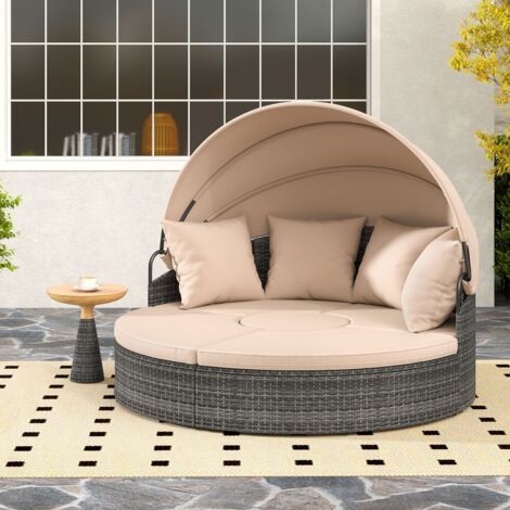 Lit Rond d'Extérieur avec Auvent Rétractable Canapé d'Extérieur en Sections en Rotin PE avec Coussins Lit de Soleil pour Jardin Beige