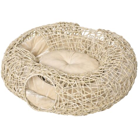 Lit rotin 78x69x22 cm, panier chat dodu coussin souple, 3 trous accès, tunnel bois, naturel