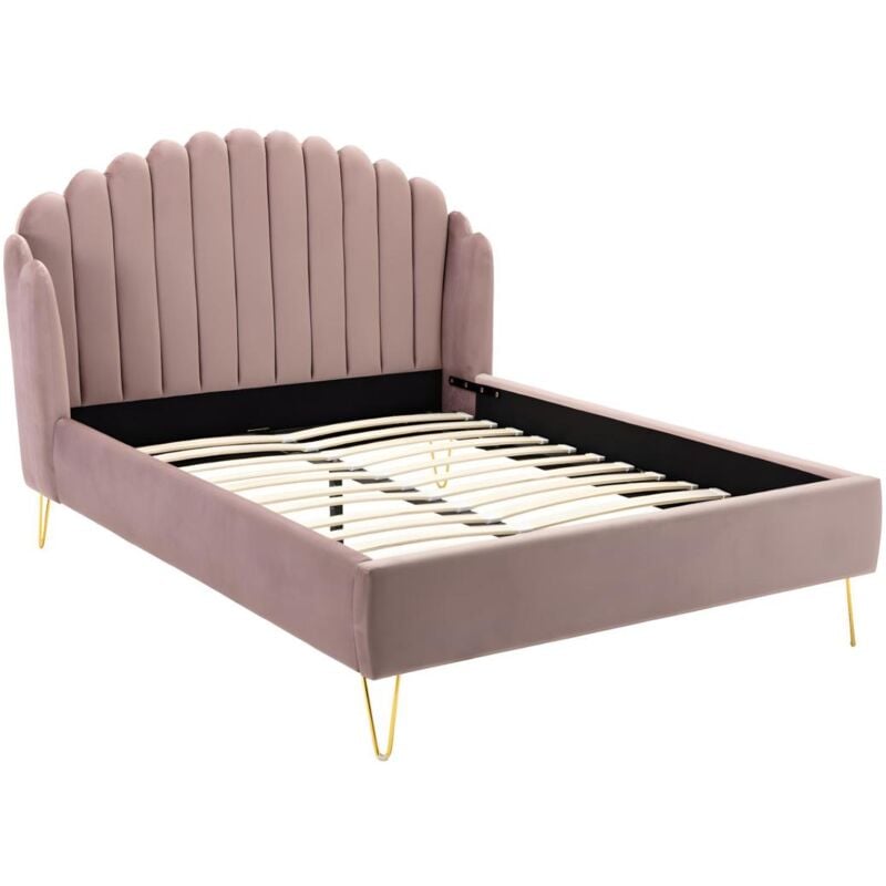 Vente-unique - Lit 140 x 190 cm avec tête de lit ondulée - Velours - Vieux rose - sagali