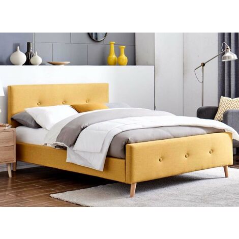 Lit scandinave en tissu capitonné jaune GREG 160x200 cm - jaune
