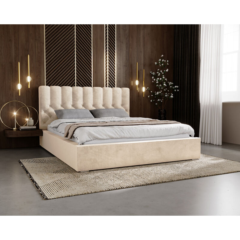 lit 160x200 sevilla - lit double avec sommier à lattes & coffre de lit - tissu velours, chesterfield - beige (magic velvet 2201) - beige