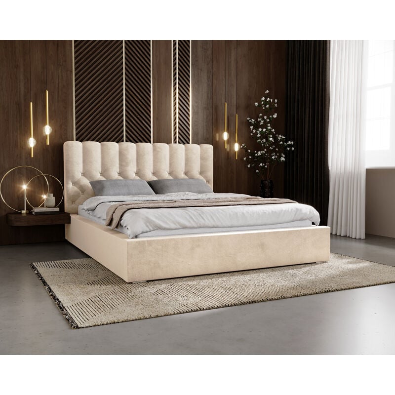 lit 180x200 sevilla - lit double avec sommier à lattes & coffre de lit - tissu velours, chesterfield - beige (magic velvet 2201) - beige
