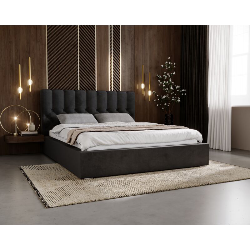 Lit 160x200 Sevilla - Lit Double avec Sommier à Lattes & Coffre de Lit - Tissu Velours, Chesterfield - Noir (Magic Velvet 2219)