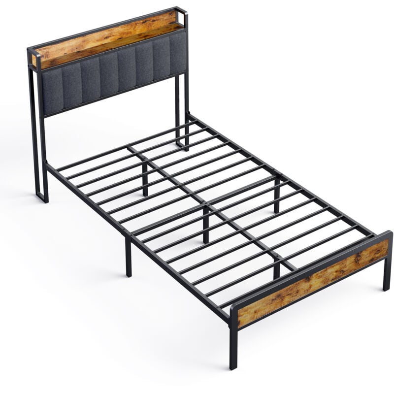 Lit Simple 120 x 200 en Métal avec Tête de lit Capitonnée en Tissu pour Rangement Bealife Sommier à Lattes Lit Enfant Adolescent Noir et Gris Foncé