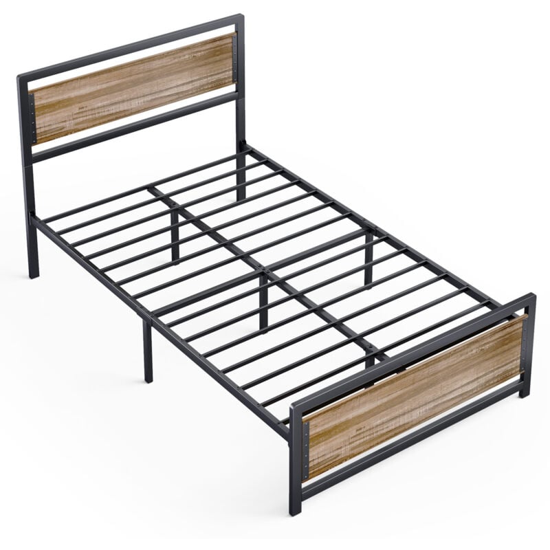 Bealife - Lit Simple 120 x 200 en Métal avec Tête de lit en Bois Sommier à Lattes Lit Enfant Adolescent Noir et Gris Rétro