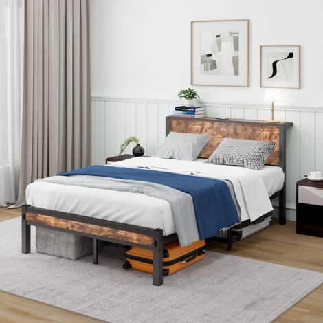 Lit simple 120x200 métal marron vintagee - Tête de lit rangement, structure plateforme sans sommier nécessaire (sans matelas)