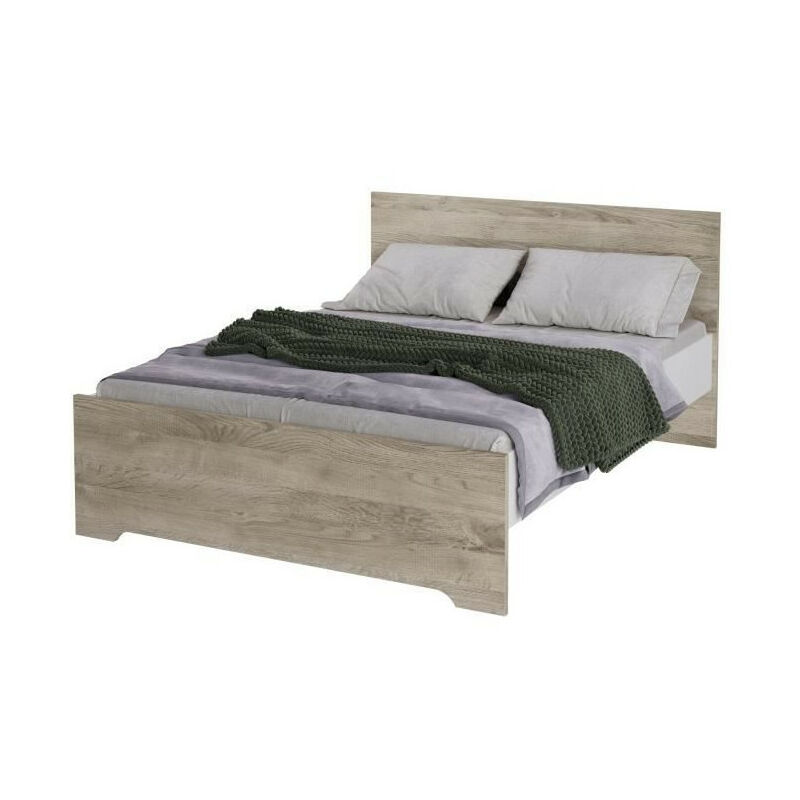 Lit simple 140x190 - Décor chene et blanc - L 148,6 x P 196,3 x H 90 cm - AUSTIN