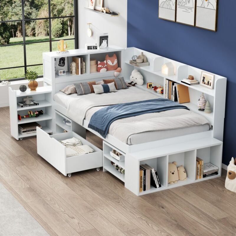 Lit simple 90x190cm en MDF - Avec tiroirs et étagères - Petit bibliothèque amovible - Avec sommier à lattes - Blanc (sans matelas)