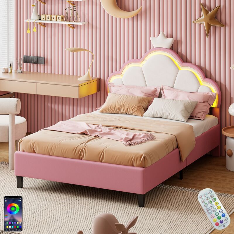 Lit simple 90x200 cm, avec led, tête de lit de couronne réglable en hauteur, app, sommier à lattes en bois, lit princesse capitonné en Velours - Rose