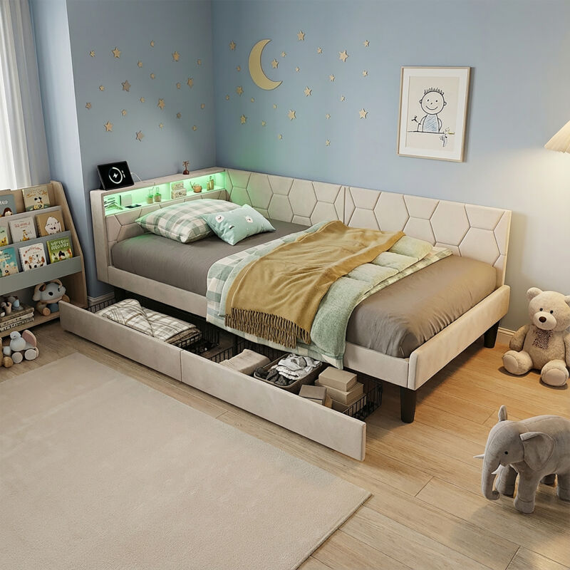 Méridienne,méridienne 90x200cm avec tiroirs, canapé-lit avec LED et USB,sommier à lattes,lit simple,design lumière ambiante,lit avec deux