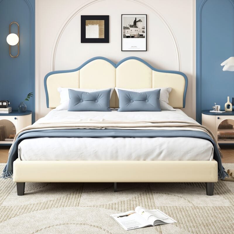 Eifson - Lit simple 140x200 cm, tête de lit capitonnée ondulée, pu, ​​sommier à lattes, adapté aux enfants et adolescents - Bleu