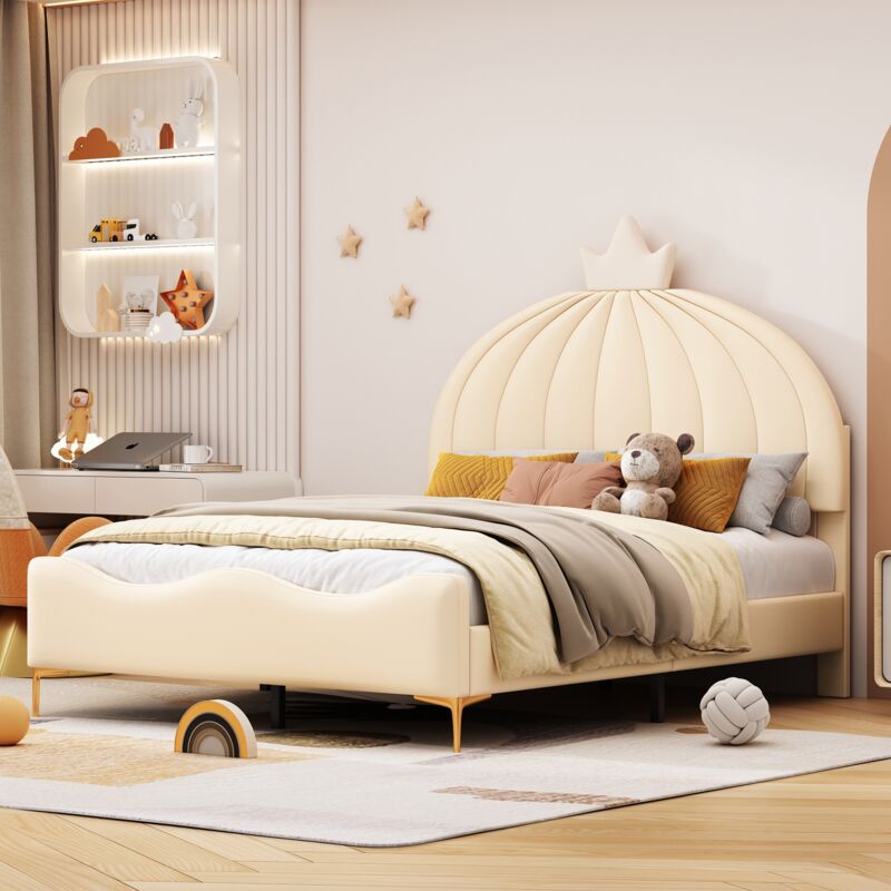 Lit simple 140x200 cm, avec tête de lit en forme de citrouille et couronne, sommier à lattes en bois, lit princesse capitonné en similicuir - Beige