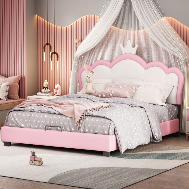 Dans Les Nuages - Lit simple 140x200 cm, avec tête de lit en forme de couronne, sommier à lattes, cadre en métal, lit capitonné en similicuir - Rose