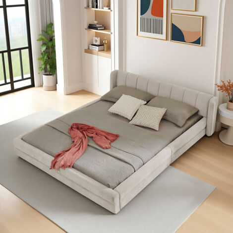 Lit simple 160x200 cm, lit rembourré, avec dossier confortable, tissu chenille, sommier à lattes, lit enfant, lit adolescent,Beige