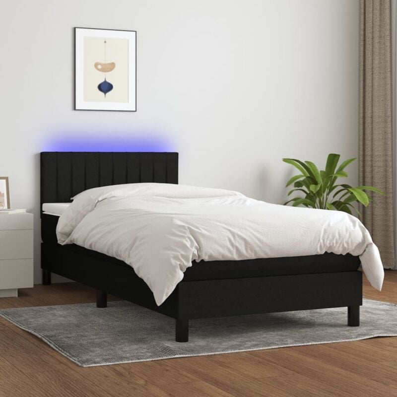 Lit simple - 90x190 cm, Sommier à lattes de lit avec matelas et LED Noir Tissu FR387903 DESIGN IN